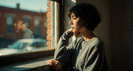 Melancholic Young Woman Looking Out Window at Sunset, Pensive Portrait of Lonely Girl Resting Chin on Hand in Cinematic Lighting © KarpenArt Studio