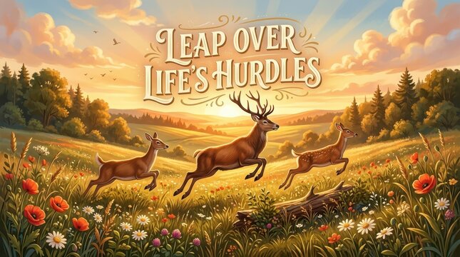 Three deer leap across a vibrant meadow at sunset, overcoming obstacles with determination and freedom, inspiring hope and resilience.