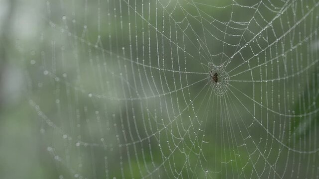 Intricate spider web glistening with morning dew drops in soft natural light