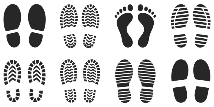 Footprint icons showcasing shoe prints, boot tracks, human footprints, sole impressions, and black silhouette walking symbols