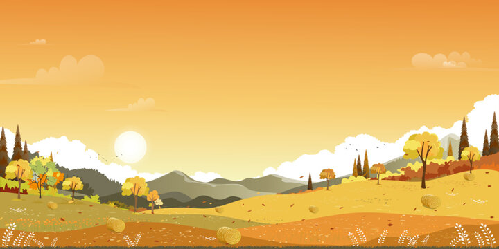 Autumn Farm Fall with Sunset Sky Background, Cartoon Thanksgiving Farmland Fields Scenery, Vector Landscape Rural Hills,Yellow Grass,Park,Orange Garden, Illustration Harvest Season, Autumnal Banner