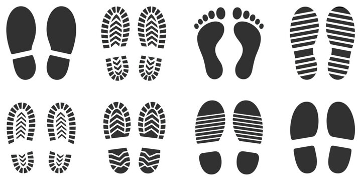 Footprint icons featuring human footprints, shoe prints, boot tracks, sole silhouettes, walking paths, and step mark symbols, vector, designs