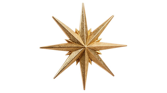 Ornate shiny golden pointed decorative star ornament isolated on transparent background