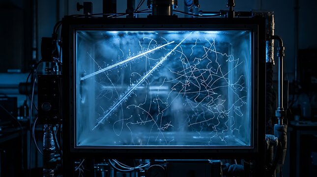 Particle tracks glowing inside a scientific cloud chamber