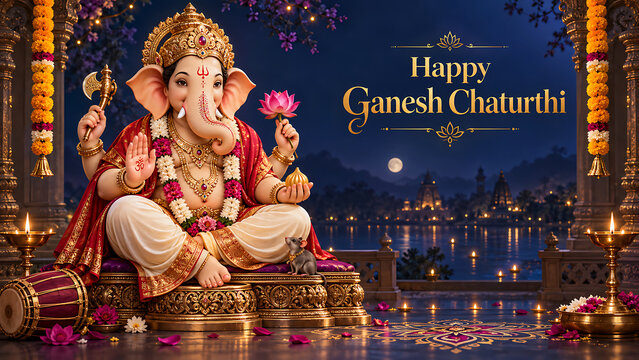 Festive ganesh chaturthi temple celebration featuring lord ganesha puja with lotus modak garlands diyas moonlit riverside background traditional hindu devotional artwork scene