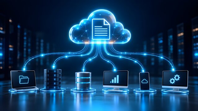 Cloud computing technology network connecting digital devices and servers for centralized data storage