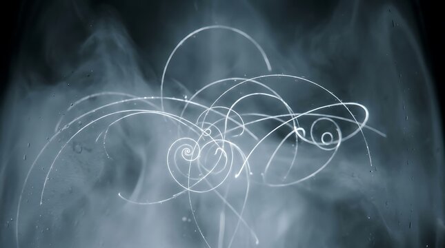 Subatomic particle trails glowing in a dark cloud chamber