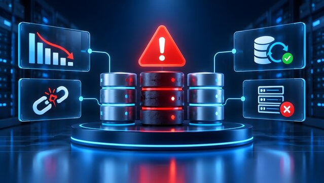 Critical database server failure alert with red warning sign and offline network disconnection icons