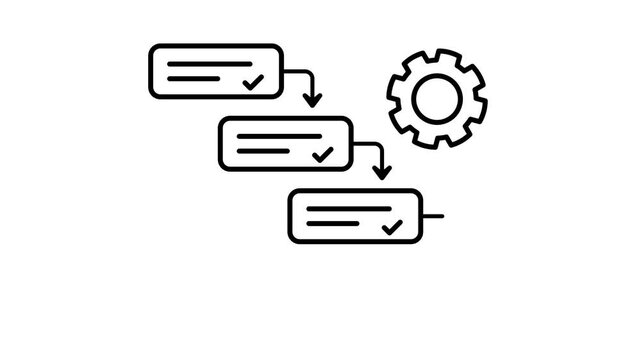 Waterfall Step by Step Workflow Animation with Completed Tasks, Check Marks, Arrows and Gear on White Background. Outline Business Process Motion Graphic for Project Management, Planning Automation