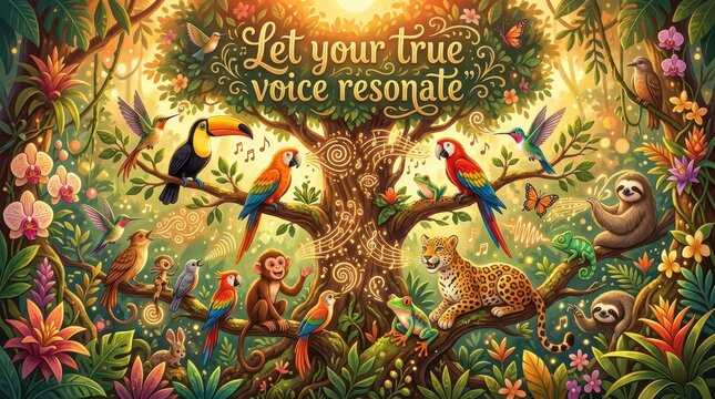 Vibrant Jungle Symphony: Animals Singing and Dancing in Enchanted Forest with Musical Notes