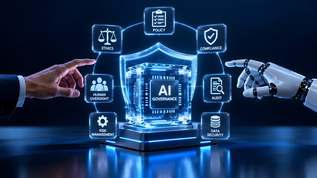 AI governance concept with human and robotic hands interacting with artificial intelligence compliance interface