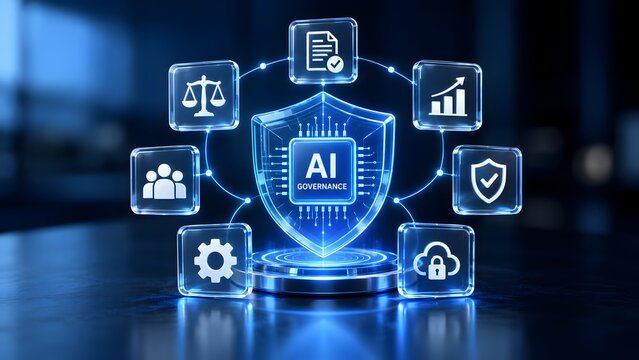 Artificial intelligence governance framework concept with compliance ethics and data security regulation icons