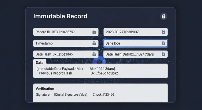 A digital interface displaying immutable records with cryptographic hashes, timestamps, and secure validation fields representing blockchain technology and decentralized database management
