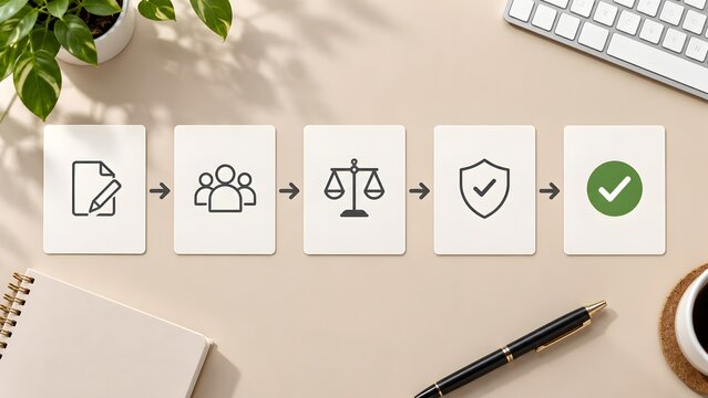 Top view of business compliance workflow process on office desk with ethics and security approval icons