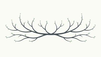 Fototapeta premium Symmetrical tree branch design with delicate green leaves on a light background serves as an elegant header or divider.