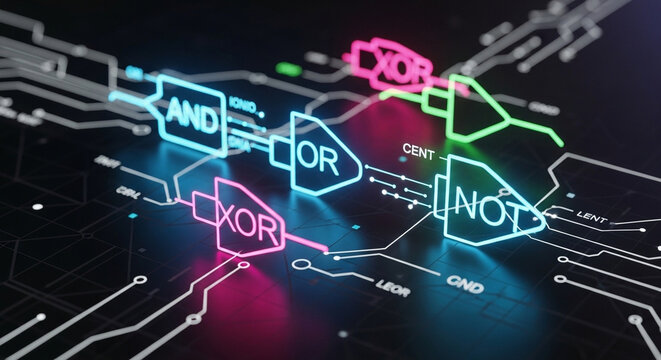 A glowing holographic motherboard circuit board displays vibrant neon logic gates including and or not xor symbols processing complex computational data securely inside a futuristic computer