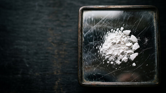 Close-up of white crystalline powder on a small mirror surface over dark wooden background