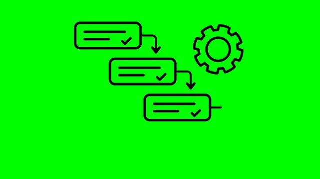 Waterfall Step by Step Process Animation with Completed Tasks, Check Marks, Arrows and Gear on Green Screen. Outline Workflow Motion Graphic for Project Management, Planning and Sequential Process.