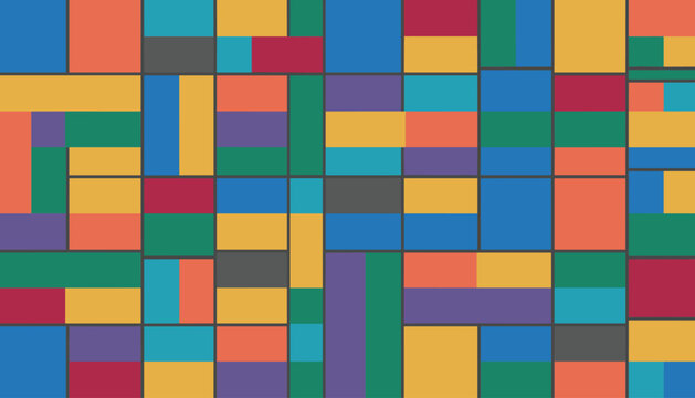 Abstract modern art painting with geometric blocks of blue, yellow, orange, green, and red divided by dark lines.