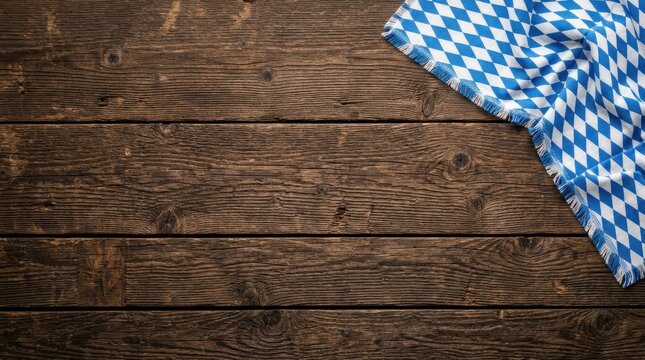 Rustic Dark Wood Table Background with Bavarian Blue and White Checkered Napkin for Oktoberfest Celebration