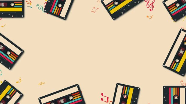 retro cassette tape and music notas border frame animation,music and song retro party and musical nightclub social media motion design element