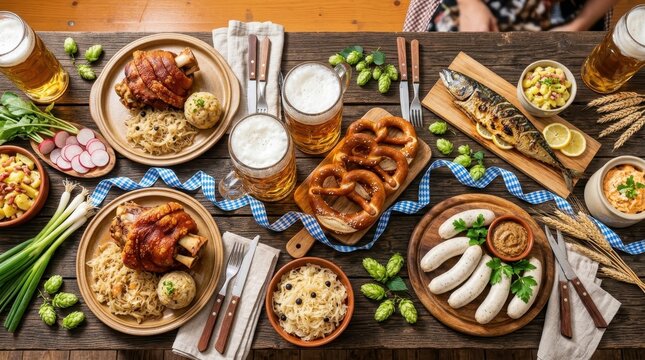 Traditional Bavarian Feast with Roasted Pork Knuckle, Sausages, Pretzels and Beer on Rustic Wooden Table for Oktoberfest