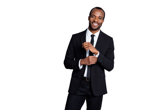 Portrait of afro american gentleman boss prepare business partnership meeting adjust button cufflinks wear style stylish trendy blazer jacket pants trousers isolated gray color background