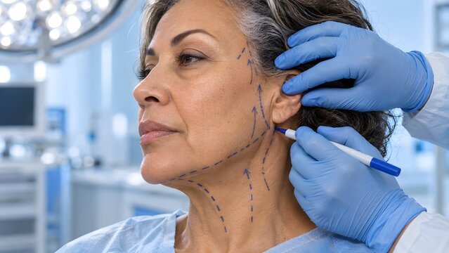 Plastic surgeon drawing preoperative markings on mature woman face for facelift surgery