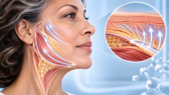 Medical 3D visualization of skin layers and smas lifting for facial rejuvenation banner