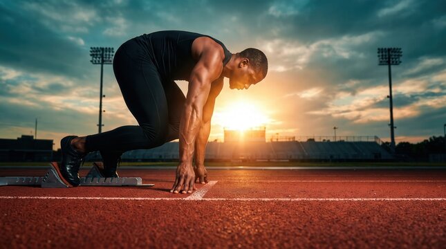 Muscular Black male sprinter in starting blocks on a running track at sunset, capturing professional track and field intensity for fitness motivation and business success metaphors.