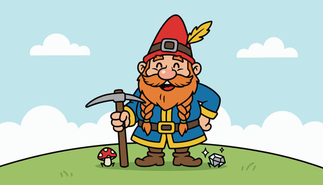 Cute cartoon miner dwarf standing with a pickaxe in a green grassy field with a diamond and mushroom under a blue sky.