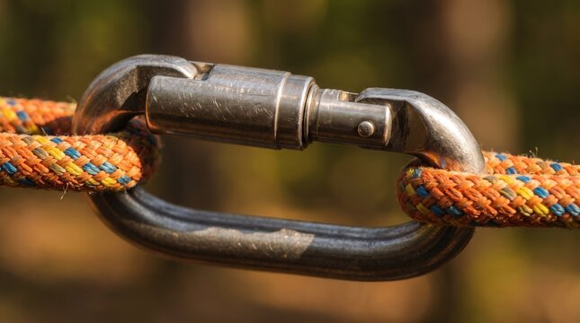 Steel carabiner locked with colorful climbing rope in a forest, symbolizing safety and secure connection for rock climbing equipment marketing and outdoor adventure design.