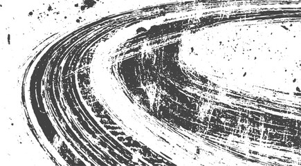 Obraz premium Abstract Curved Tire Track Marks, Rough Grunge Road Texture with Black Rubber Streaks, Dust and Distressed Surface Pattern
