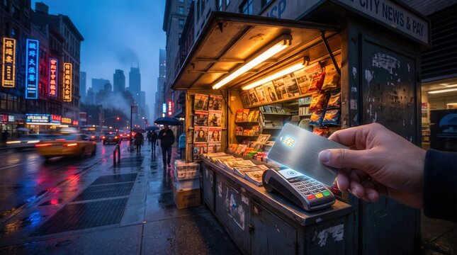 Hand holding credit card for contactless payment at a city newsstand at night, featuring seamless digital transaction and urban convenience for fintech marketing and retail technology.