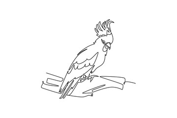 Fototapeta premium Single one line drawing cockatoo parrot perched on a tree branch, featuring feathered crest details, wildlife artwork, and nature conservation. Continuous line draw design graphic vector illustration
