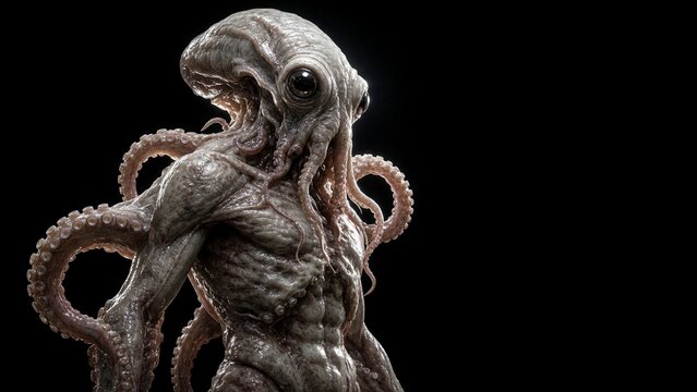 Alien octopus monster creature with tentacles on black background for halloween event