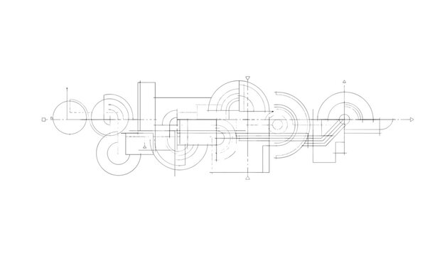 Technical blueprint illustration displaying abstract mechanical or architectural design schematics with fine lines.