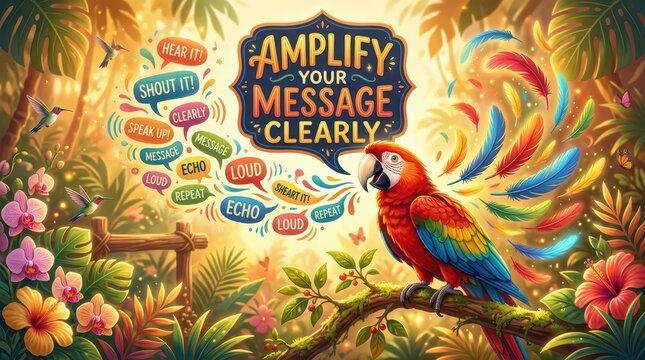 Vibrant macaw parrot perched in lush jungle foliage, amplifying its message with colorful feathers and speech bubbles, symbolizing communication and c