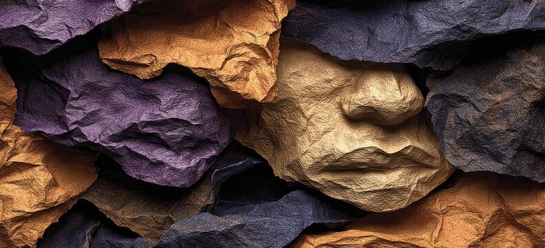 Abstract face sculpted from crumpled paper