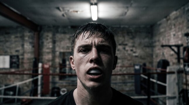 Intense portrait of a sweaty boxer wearing a mouthguard in a gritty gym, capturing raw determination and physical exhaustion for fitness motivation and combat sports marketing.