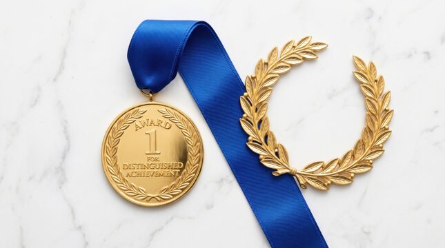 Gold medal with "1 Award for Distinguished Achievement" engraved, attached to a blue ribbon, next to a golden laurel wreath on a white marble surface.