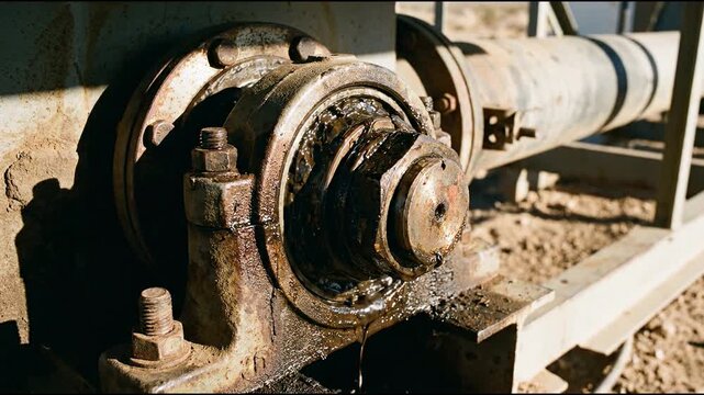 steel bearing assembly supporting a tracker torque tube showing visible grease and hardware under hard side light