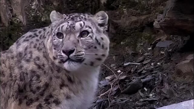 Close-up portrait of a majestic snow leopard in its natural rocky habitat