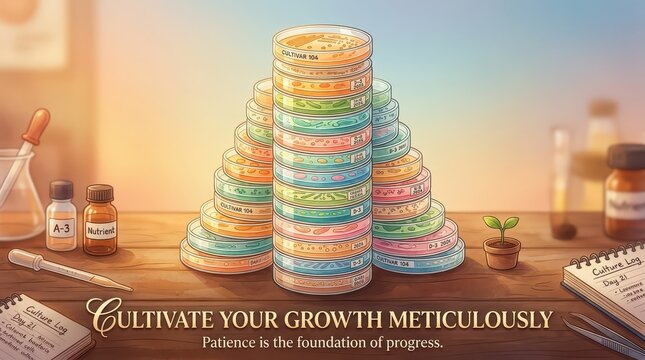 Scientific research with stacked petri dishes and laboratory equipment, symbolizing growth and patience in science and biology