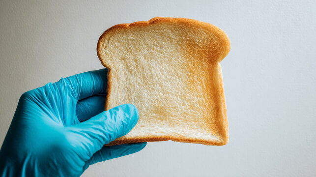 hand wearing a bright blue nitrile rubber glove holding toast bread on isolated background.