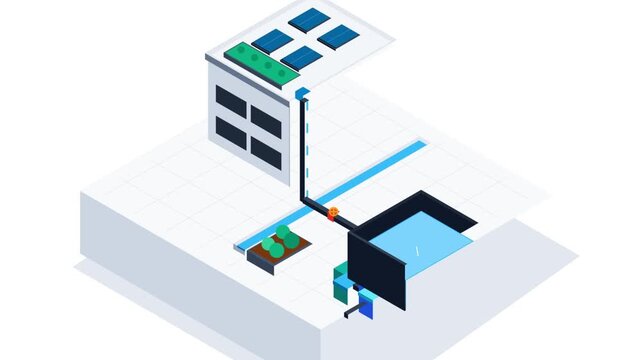 Isometric Animation of a Smart Building Water Harvesting System Motion