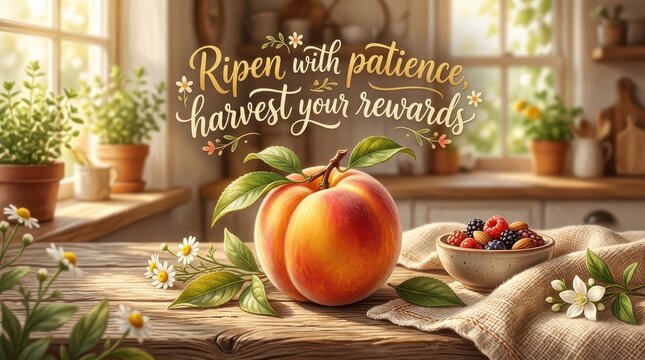 Ripe peach with bowl of berries and inspirational quote "Ripen with patience, harvest your rewards" in a cozy kitchen setting with sunlight