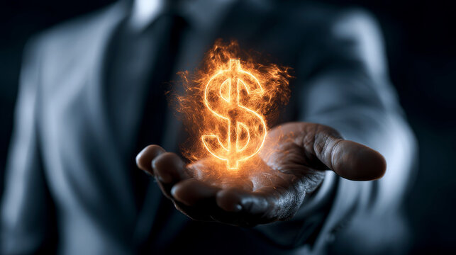 Businessman in elegant formal attire hand holding glowing USA dollar sign . investment and saving concept.