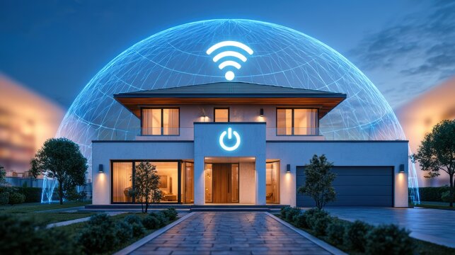 A modern house protected by a digital security dome symbolizing smart home technology and wireless connectivity at dusk.