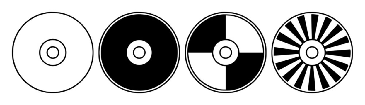 Four compact discs arranged row set with simple line art design featuring simple design, minimalist, black and white with illustrations and graphics